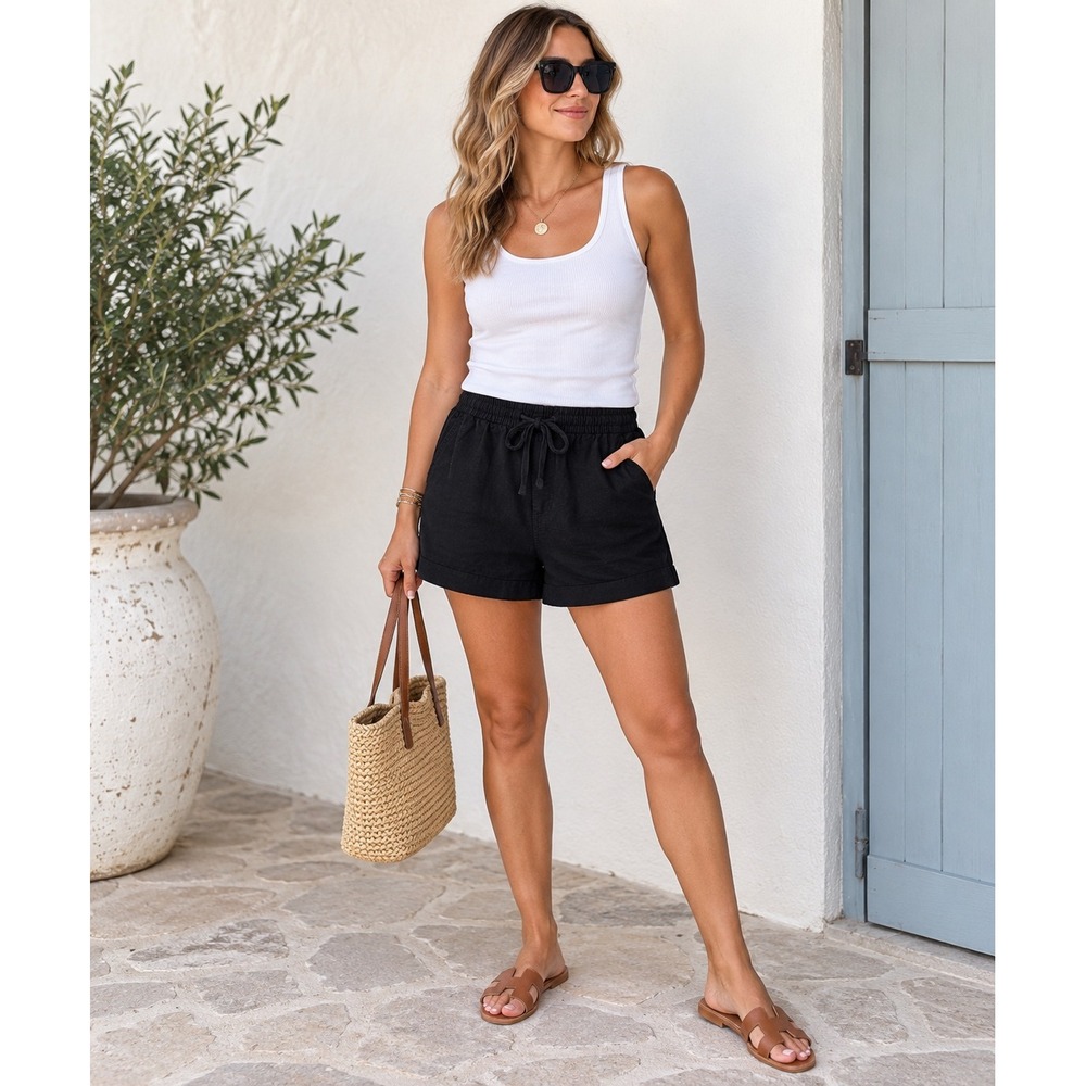 Old Navy Linen Blend Pull On Shorts Womens Small Black Drawstring Elastic Waist